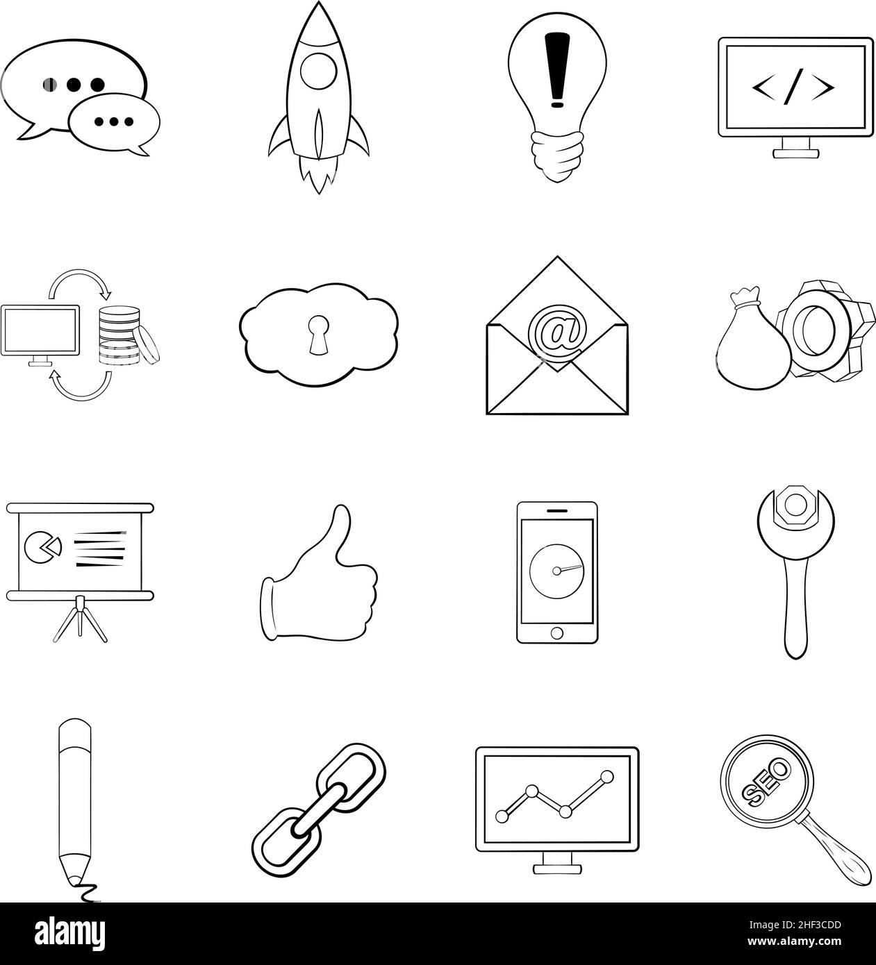 Seo set icons in outline style isolated on white background Stock ...