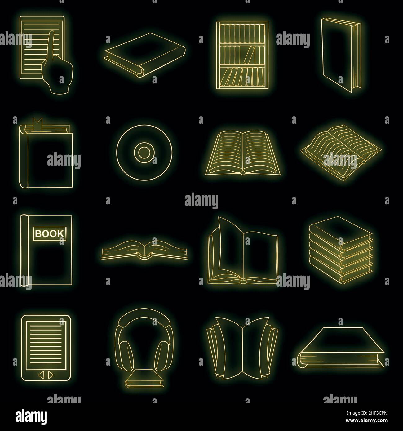 Books icons set in neon style. Library elements set collection vector ...