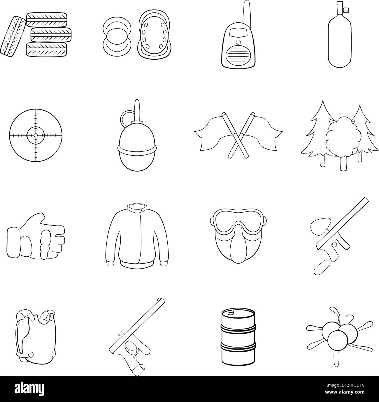 Paintball set icons in outline style isolated on white background Stock Vector