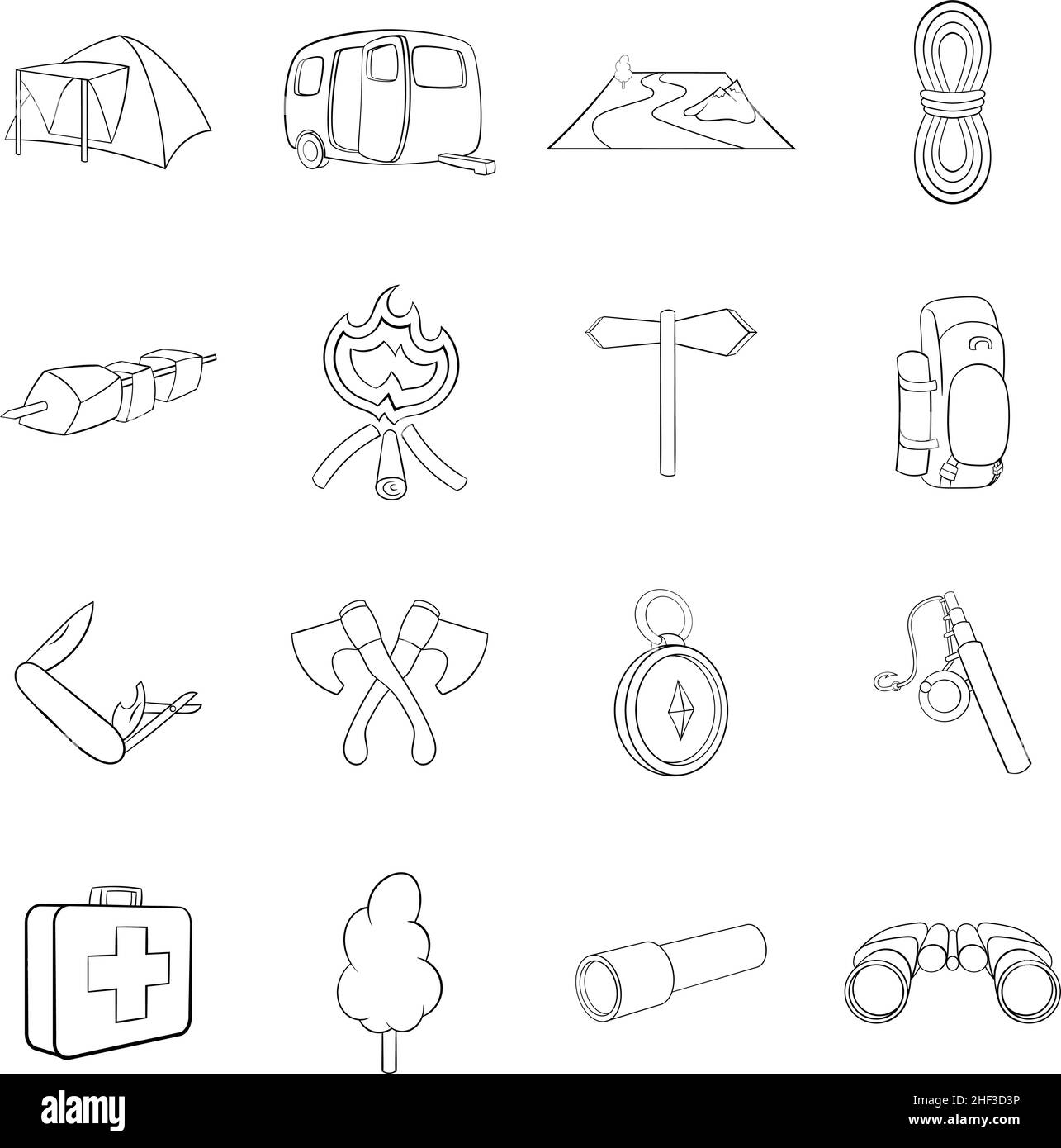 Camping set icons in outline style isolated on white background Stock ...