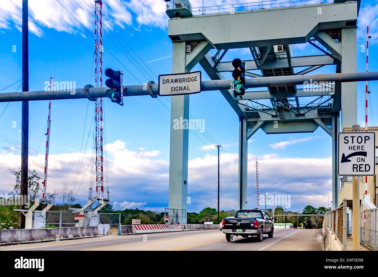 The J.A. Wintzell Memorial Bridge is pictured, Jan. 6, 2022, in Bayou La Batre, Alabama. The vertical lift bridge was built in 1984. Stock Photo