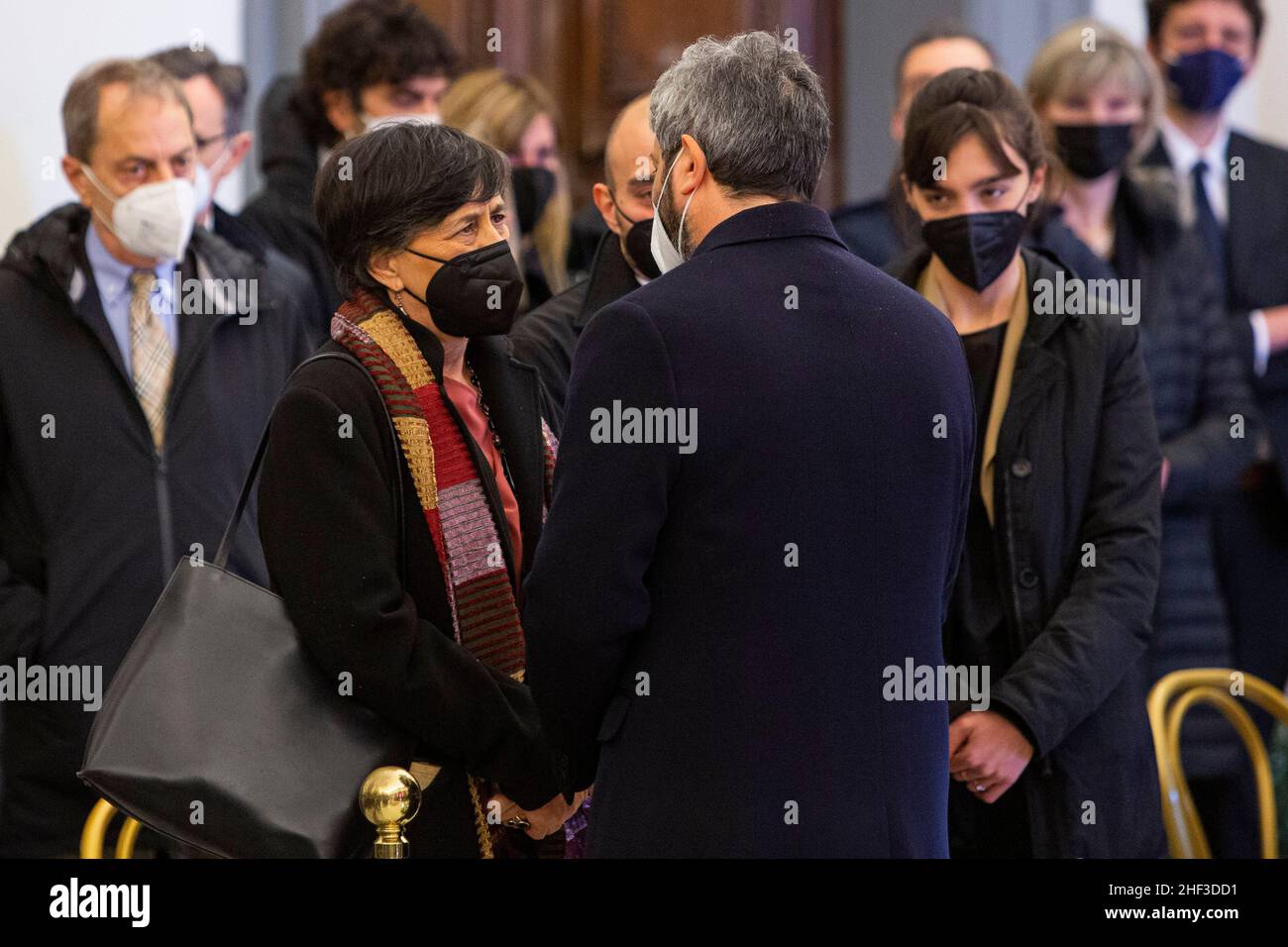 Rome, Italy. 13th Jan, 2022. Roberto Fico presents his condolences to the wife of late EU Parliament President David Sassoli, Alessandra Vittorini, and her sons Livia and Giulio Sassoli.Funeral home on Capitol Hill in Rome to pay tribute to the late President of the European Parliament David Sassoli who died aged 66. Credit: SOPA Images Limited/Alamy Live News Stock Photo