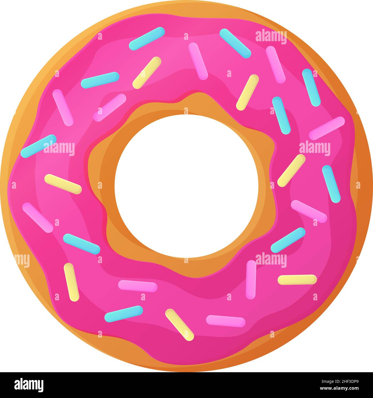 Bright doughnut with pink glaze and sprinkles. No diet day symbol, unhealthy food, sweet