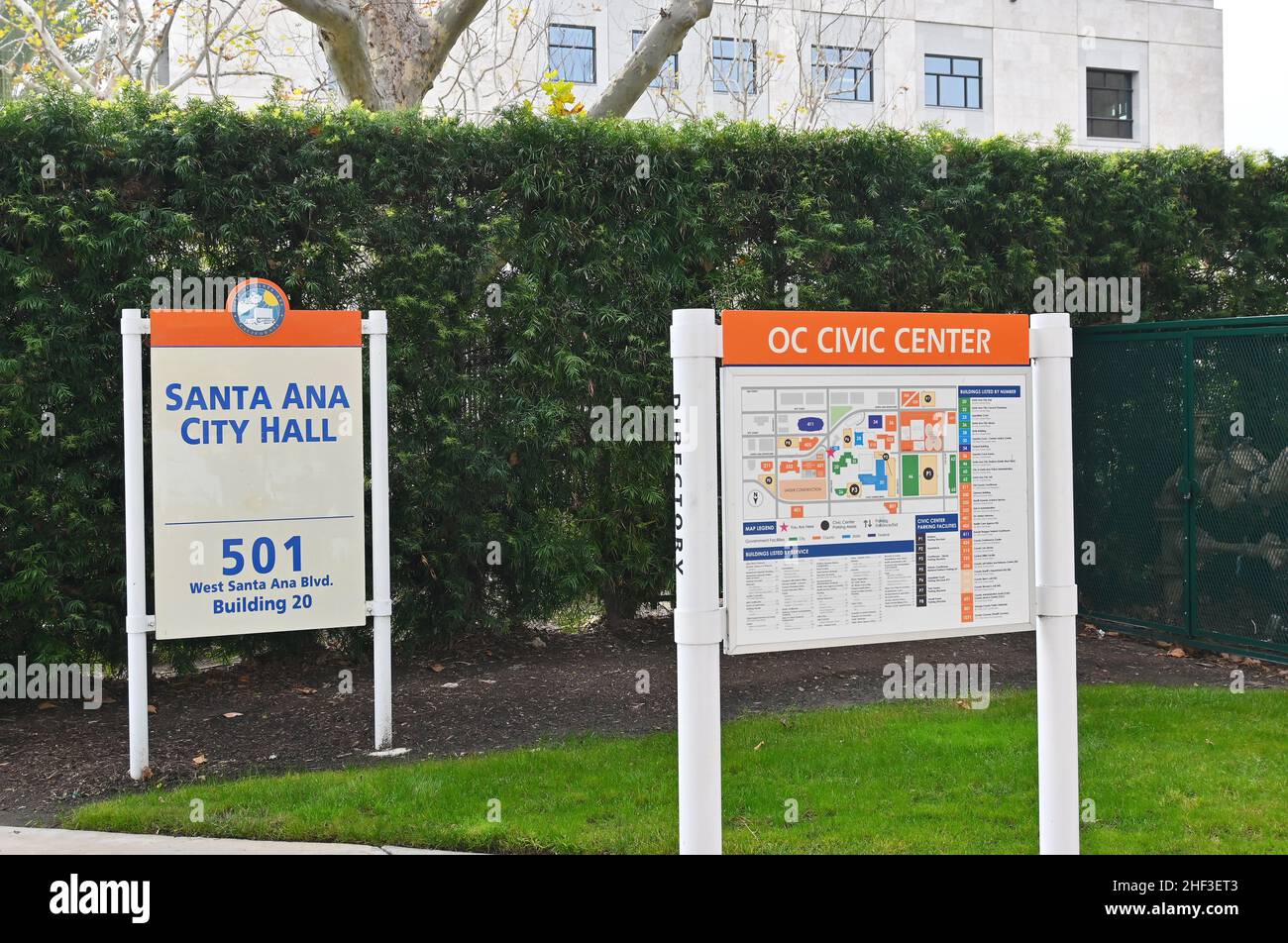 SANTA ANA, CALIFORNIA - 10 JAN 2022: Direction Signs at the Santa Ana City Hall and Orange County Civic Center Plaza. Stock Photo