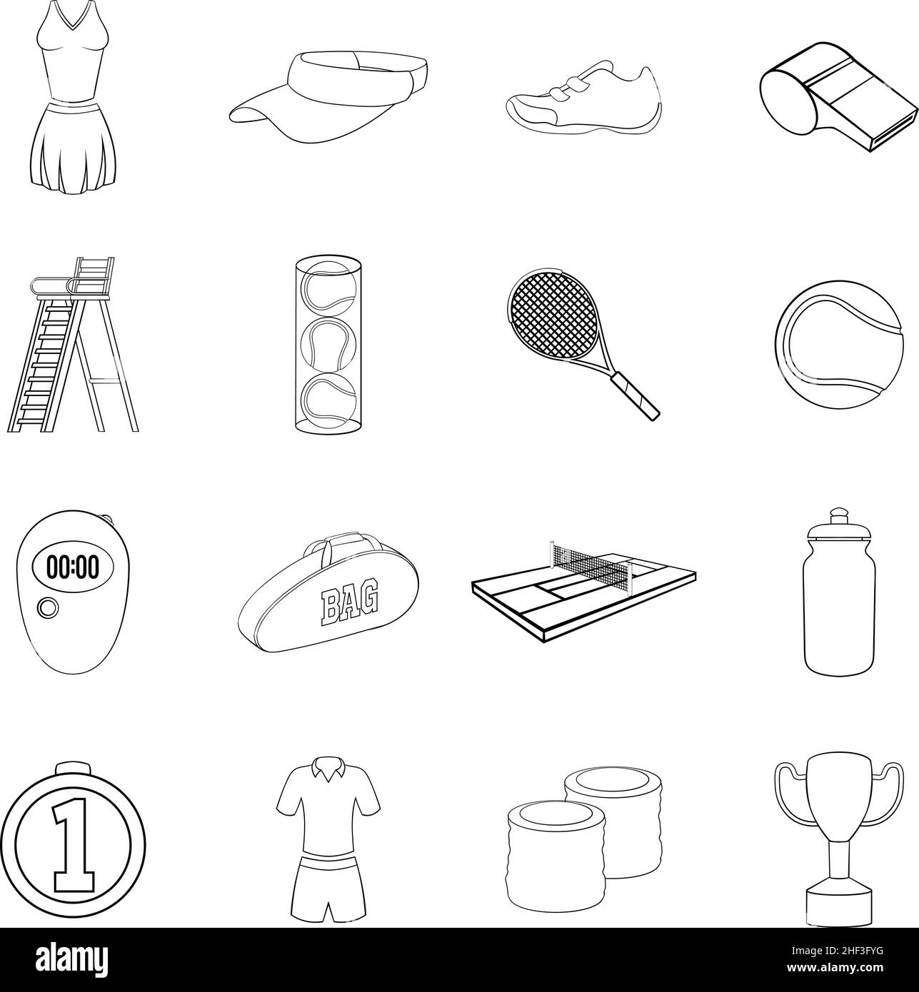 Tennis set icons in outline style isolated on white background Stock ...