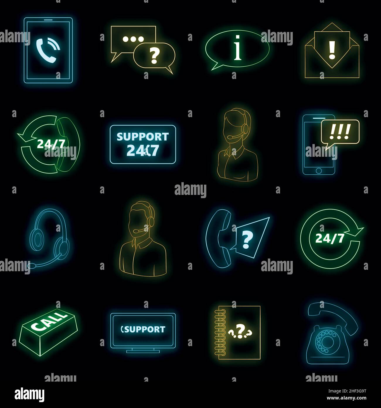 Call center icons set. Illustration of 16 call center vector icons neon ...