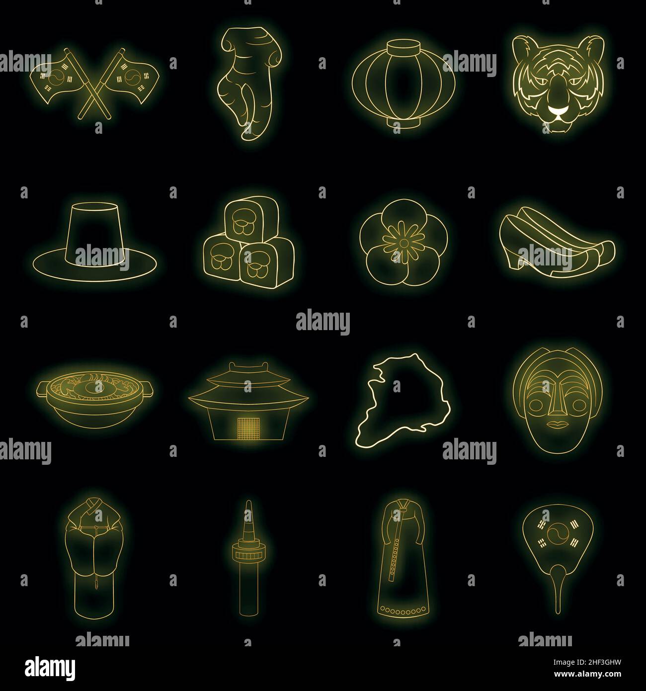 South Korea icons set. Illustration of 16 South Korea vector icons neon ...