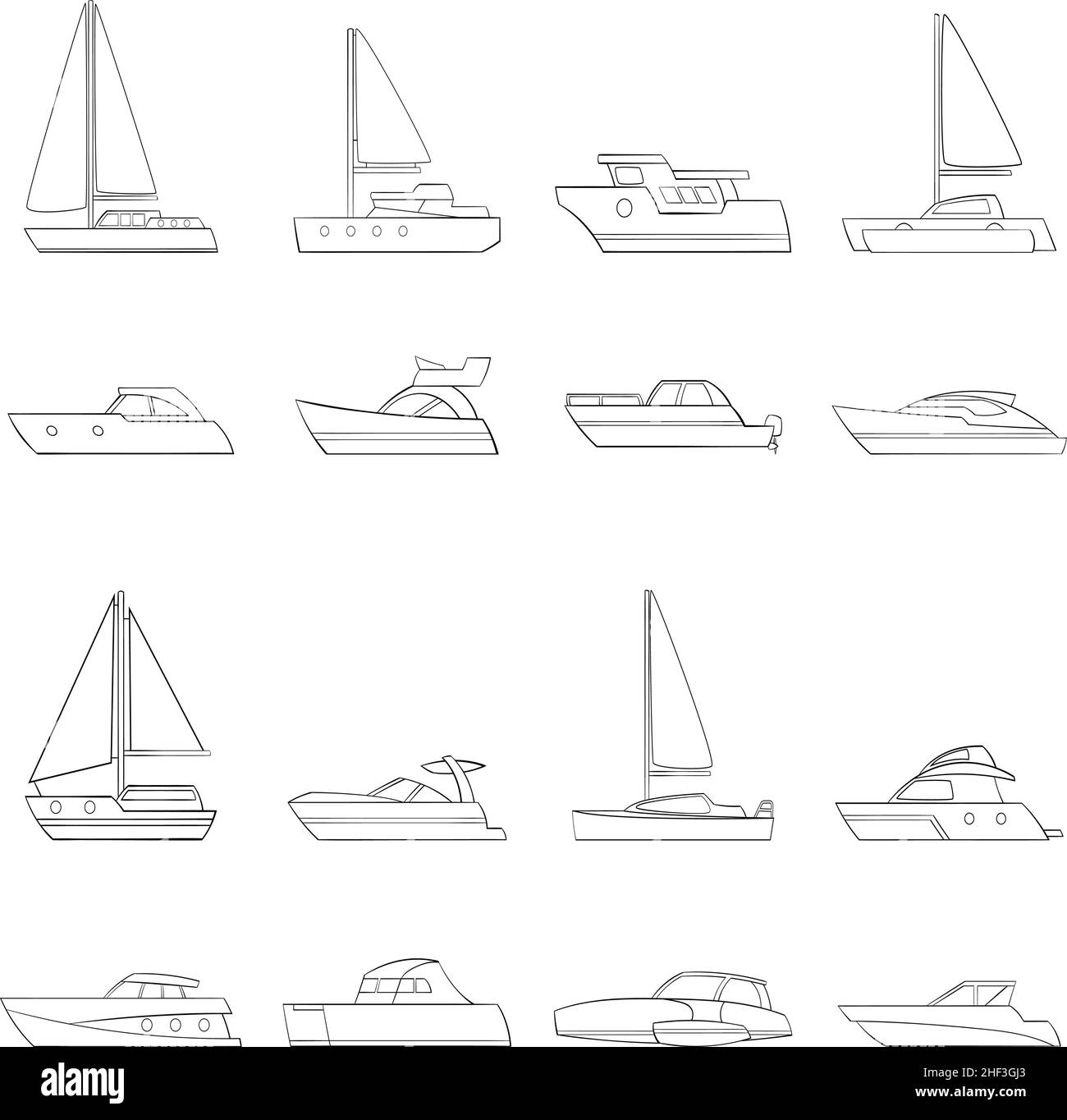 Yachts set icons in outline style isolated on white background Stock Vector