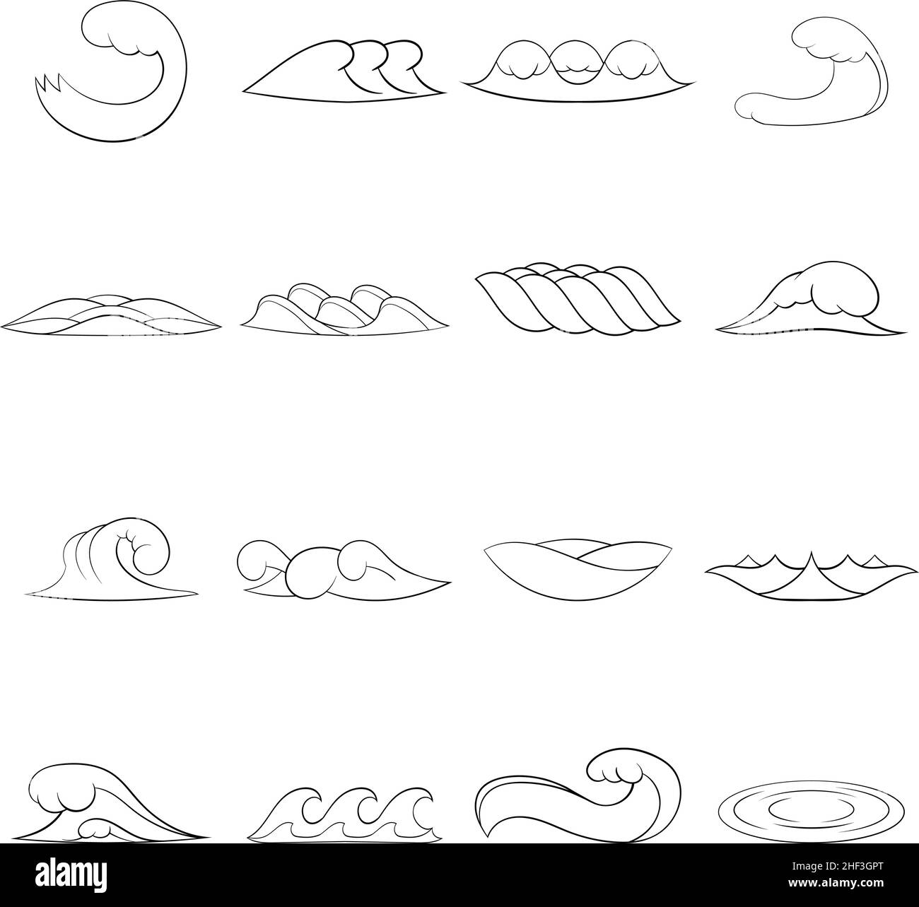 Waves set icons in outline style isolated on white background Stock Vector