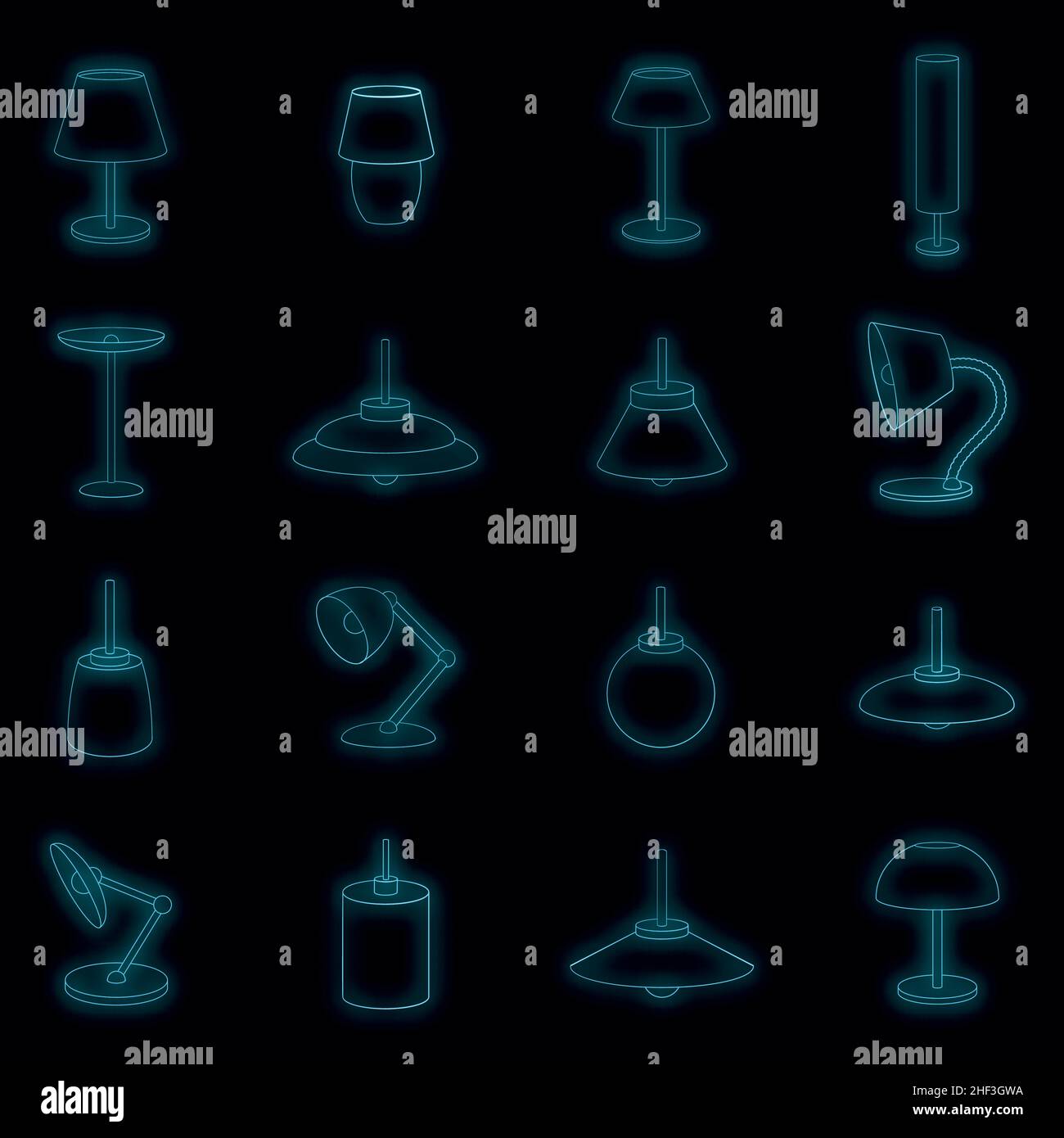 Lamp icons set. Illustration of 16 lamp vector icons neon color on ...