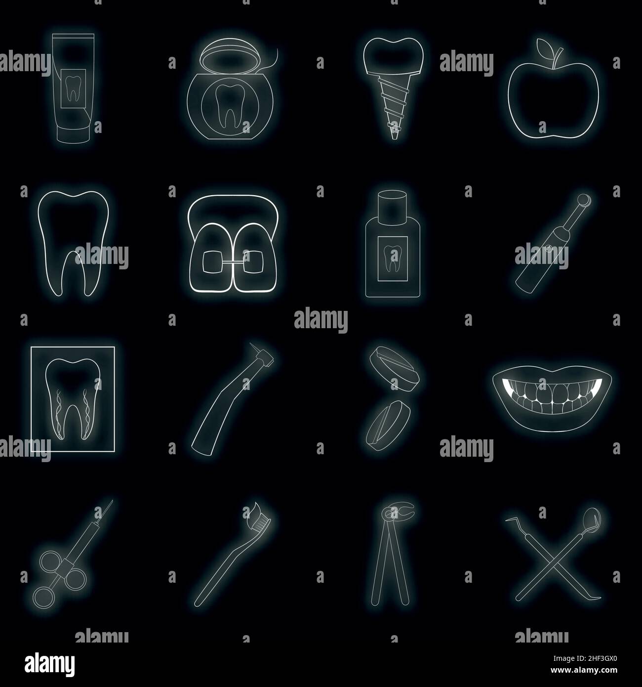 Dentist icons set. Illustration of 16 dentist vector icons neon color ...