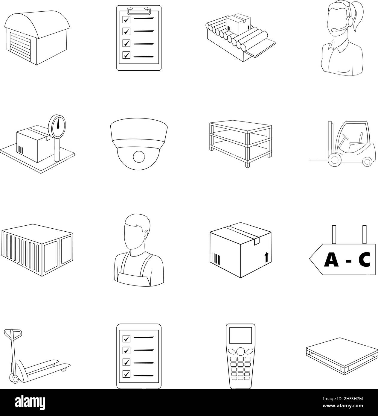 Warehouse store set icons in outline style isolated on white background Stock Vector