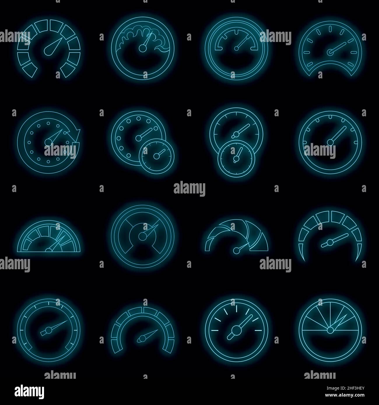 Speedometer icons set. Illustration of 16 speedometer vector icons neon ...