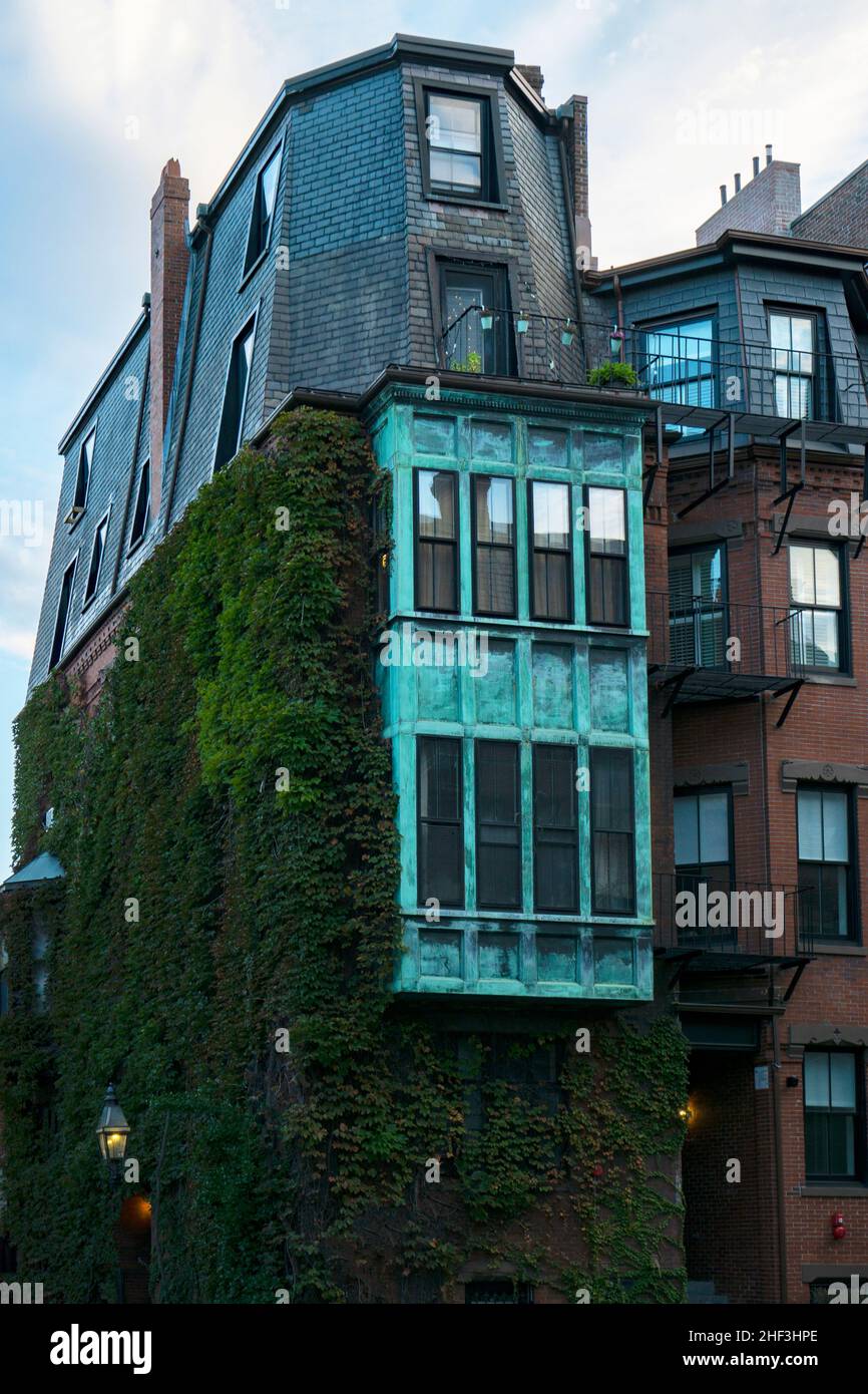 Historic brownstone houses with big windows and copper teal wall in Boston, Massachusetts