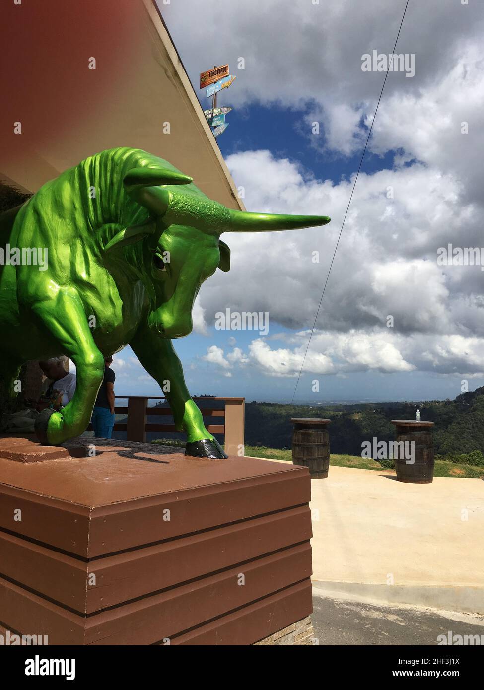 The namesake statue of Toro Verde Adventure Park, The Green Bull Stock Photo