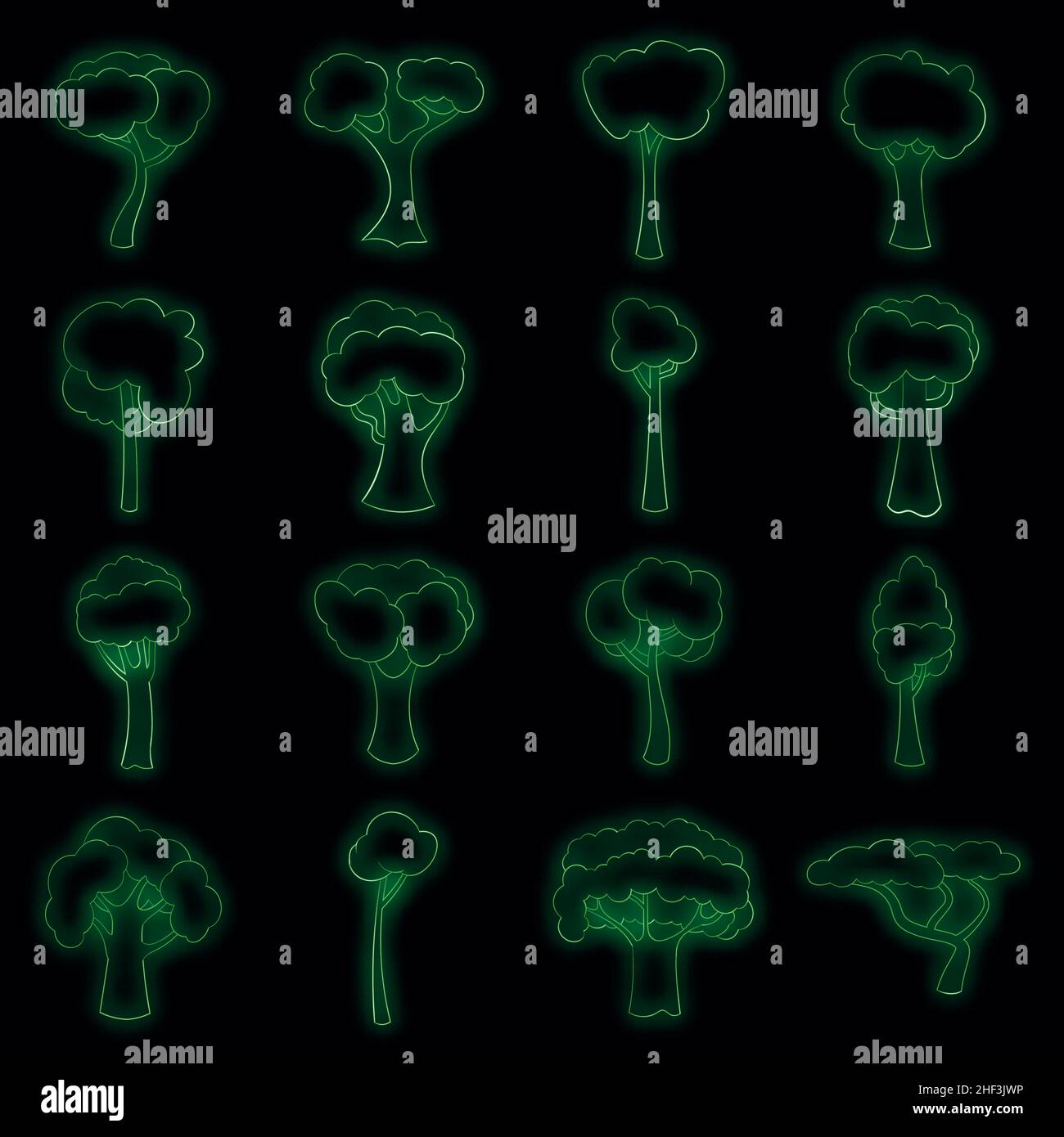 Green trees icons set. Illustration of 16 green trees vector icons neon ...