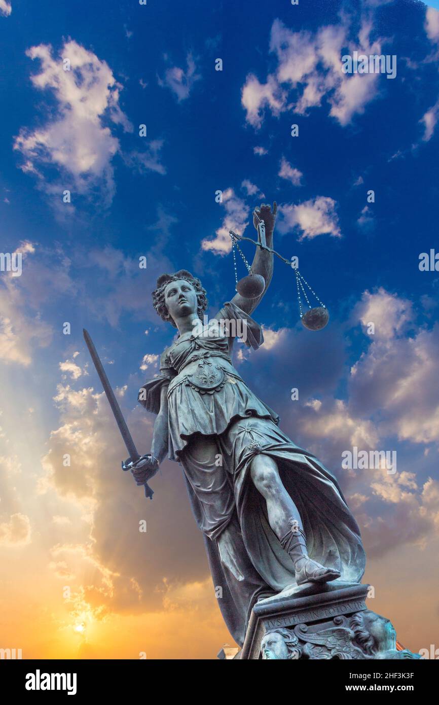 Justitia Lady Justice sculpture on the Roemerberg square in