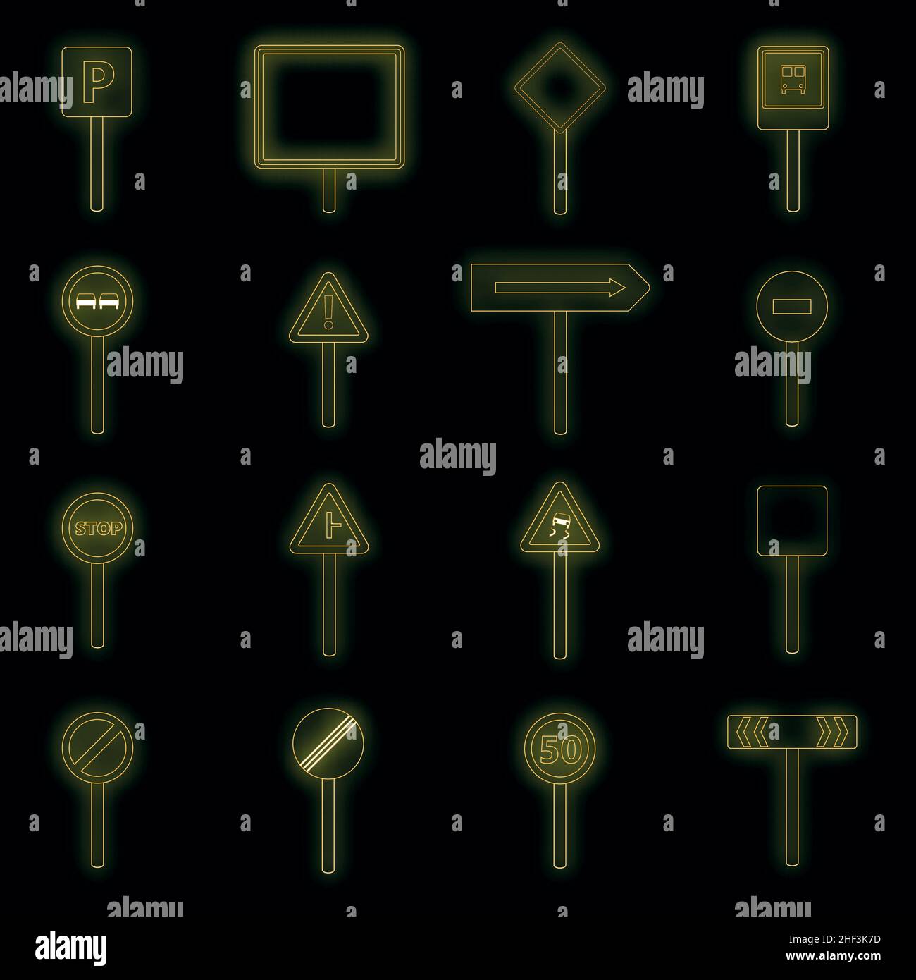 Road signs icons set. Illustration of 16 road signs vector icons neon ...