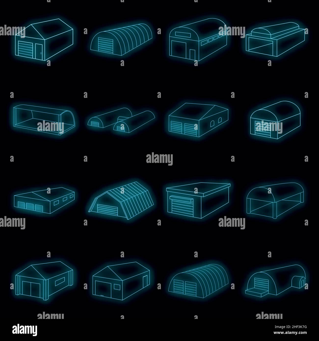 Different hangars icons set. Illustration of 16 different hangars