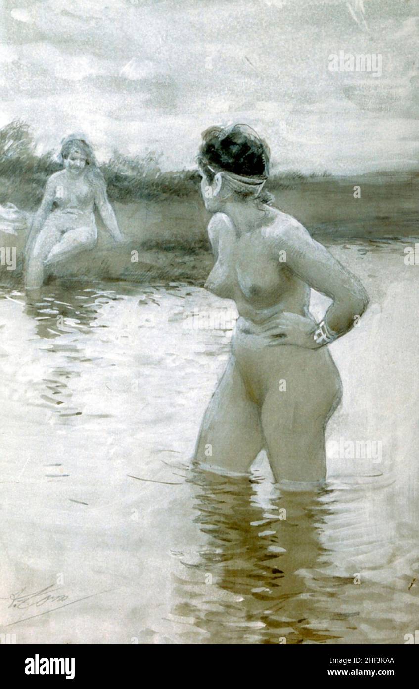 Brunhild and Gudrun quarrel at the river. Illustration by Anders Zorn (1893) Stock Photo