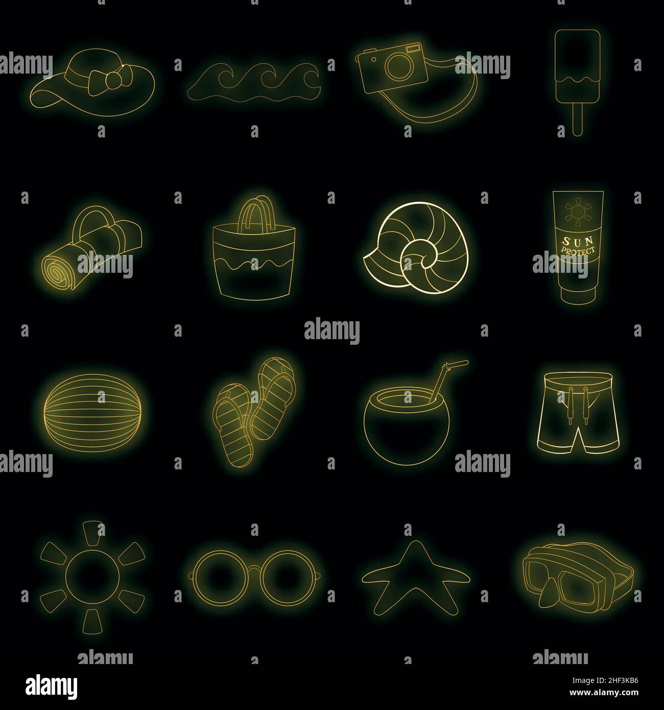 Summer items icons set. Illustration of 16 summer items vector icons ...