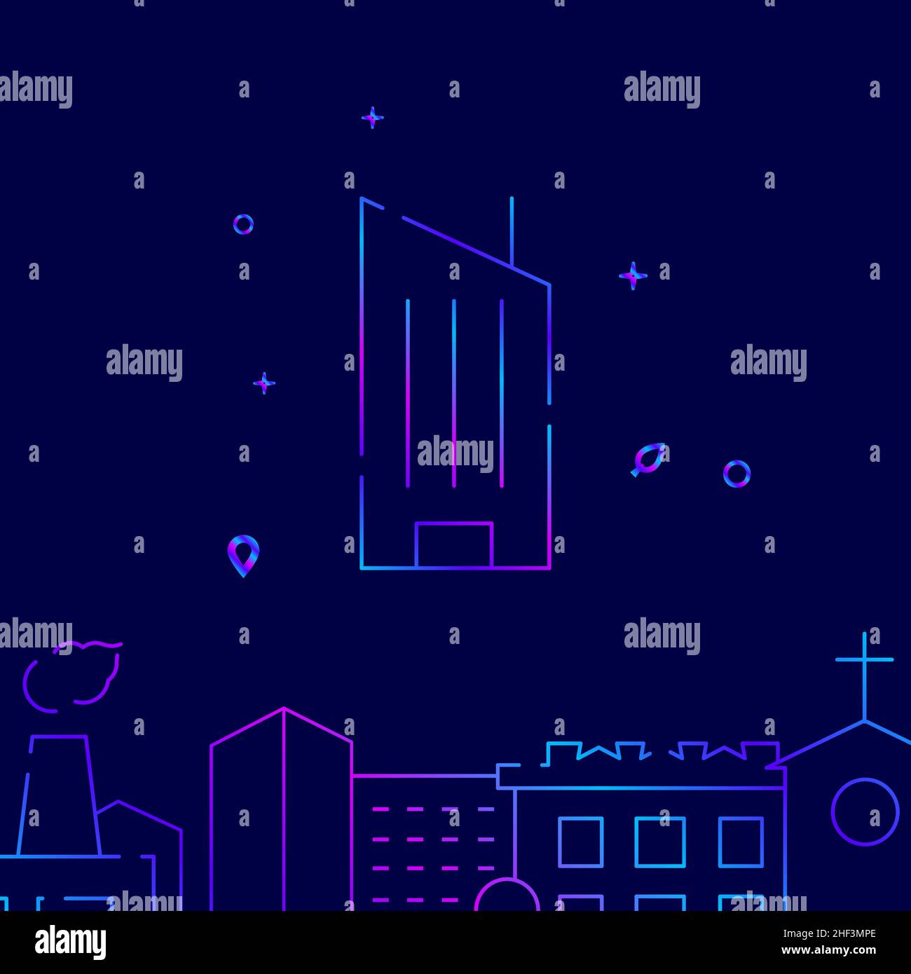Skyscraper gradient line vector icon, simple illustration on a dark blue background, cityscape buildings related bottom border. Stock Vector