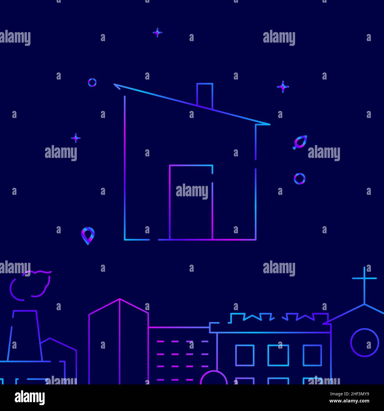 Barn, bathhouse gradient line vector icon, simple illustration on a dark blue background, cityscape buildings related bottom border. Stock Vector