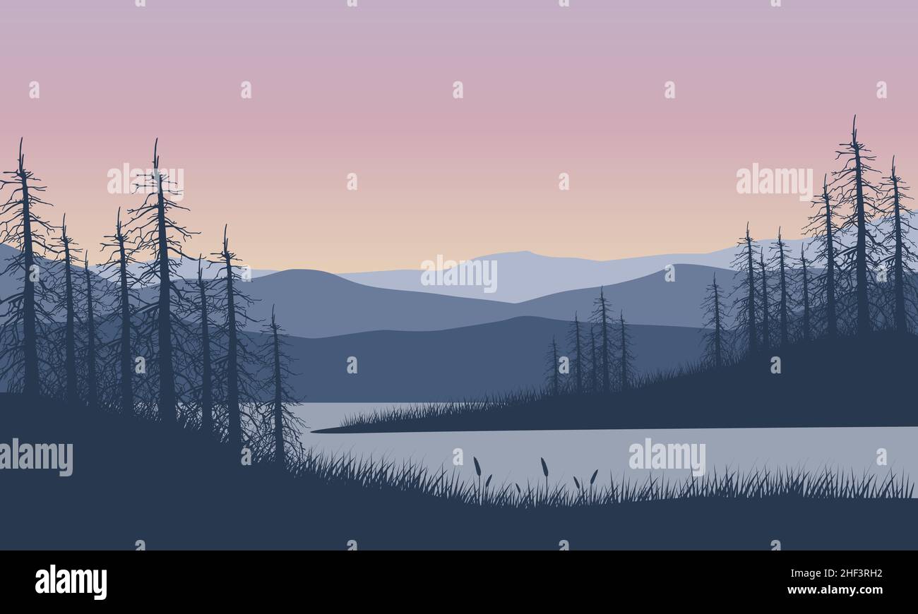 Pdusk Vector Fantastic mountain view with dry tree silhouettes from the lakeside at ...