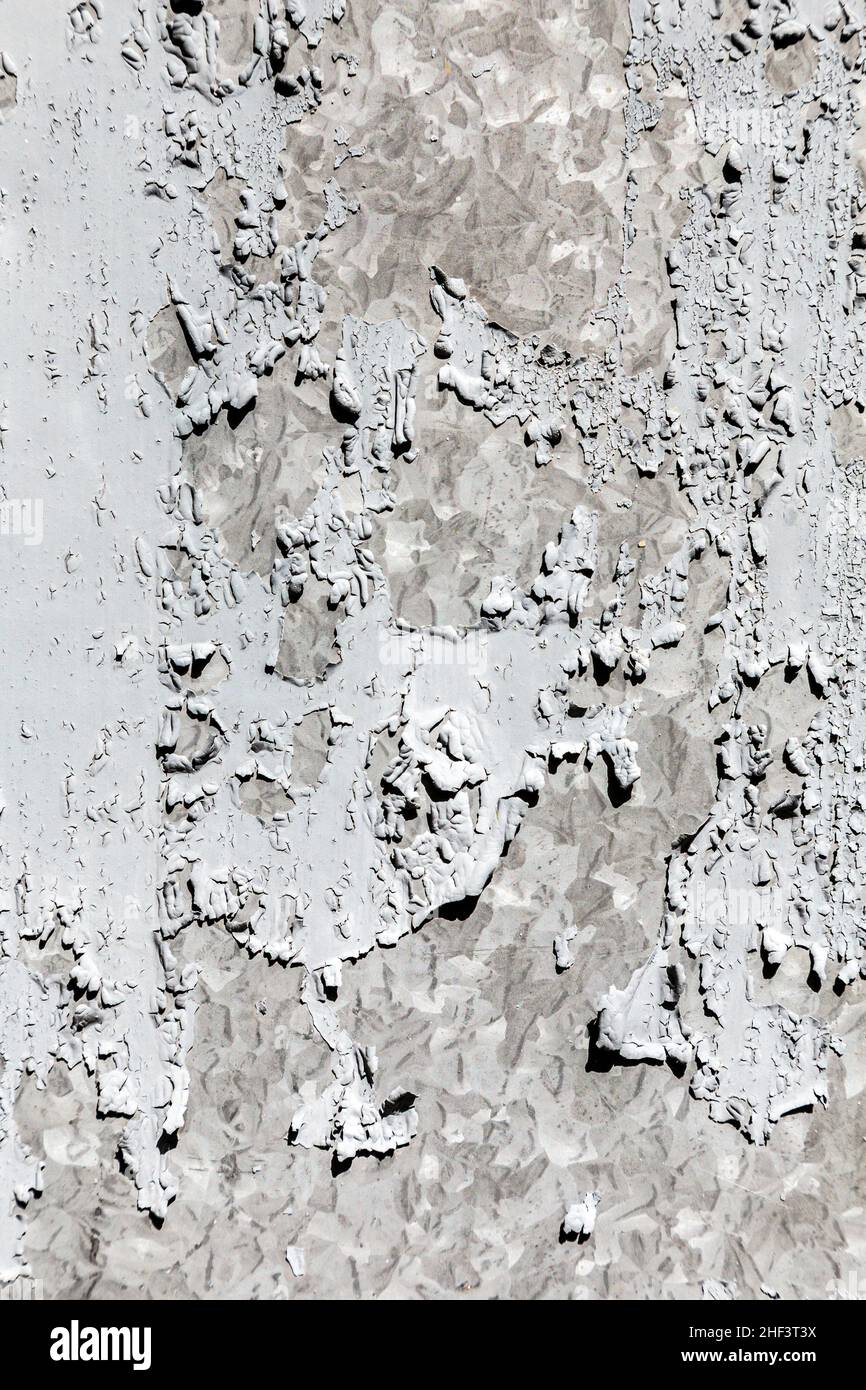 gray colored dry cracked paint on a wall Stock Photo