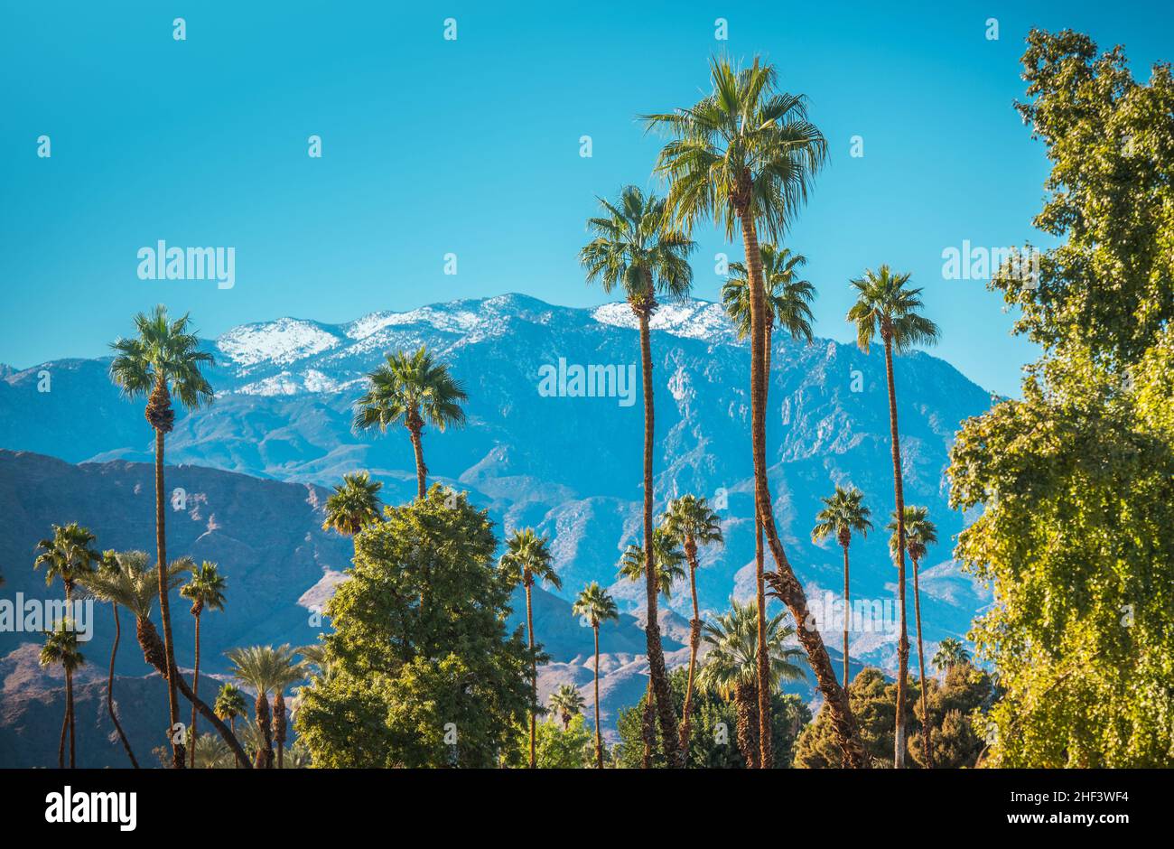 Winter in the City of Palm Springs California. Mountain Peaks Covered by First Snow, Sunny