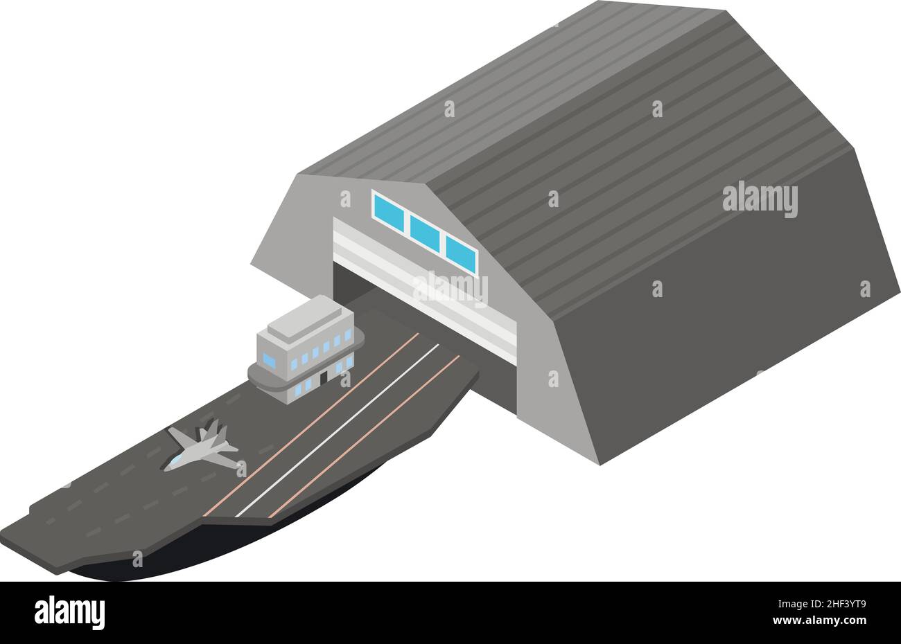 Aircraft carrier icon isometric vector. Military ship with fighter aircraft icon. Warship near metallic building, navy Stock Vector