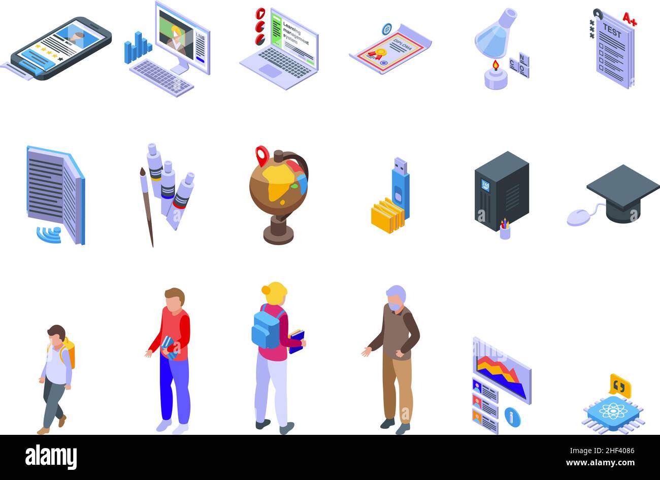 Learning management system icons set isometric vector. Laptop machine ...