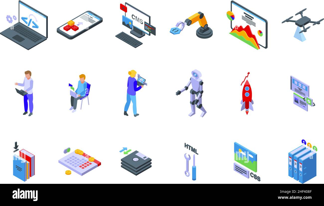 Cms development icons set isometric vector. Data code. Work application Stock Vector