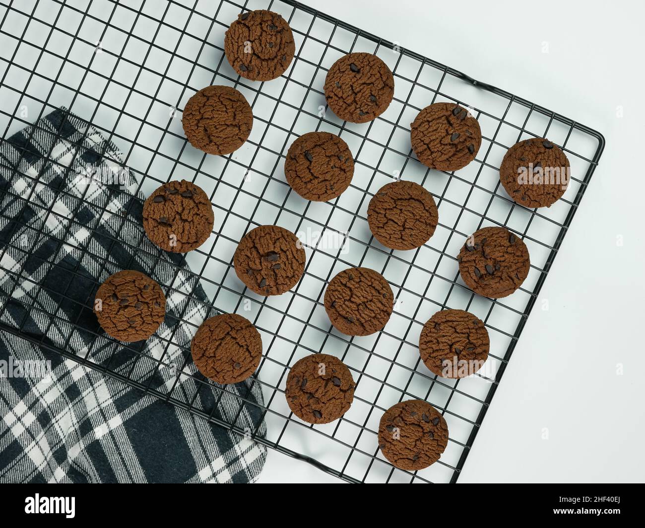 top view collection of Chocolate chip cookies on cooling rack. teatime