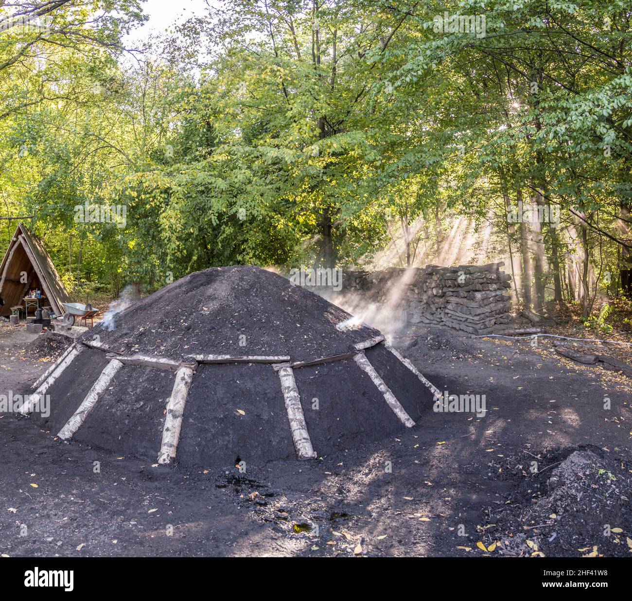 burning charcoal pile in the forest with smog Stock Photo