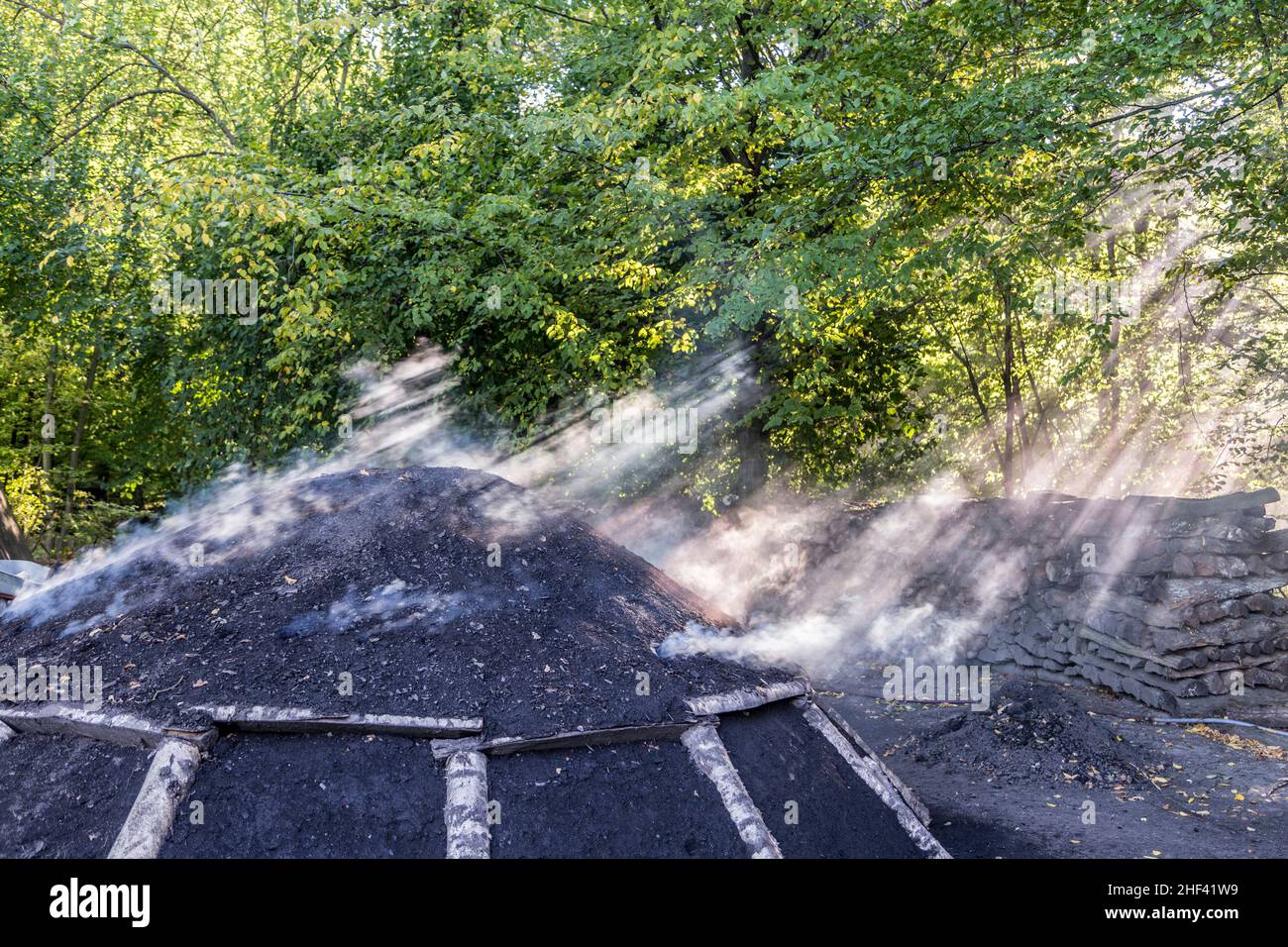 burning charcoal pile in the forest with smog Stock Photo