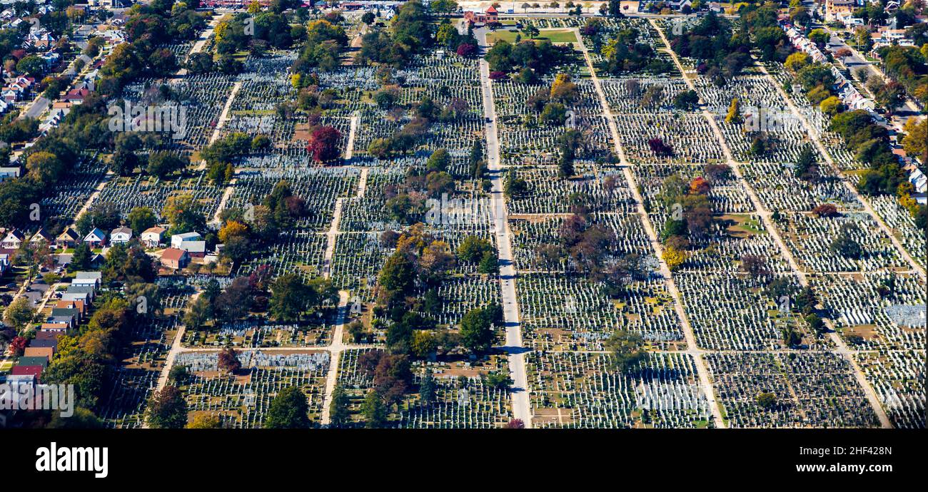 aerial of cemetery and town of Rcokville in New York, near JFK airport