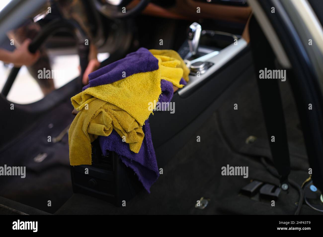 Microfiber dirty towels in the car, interior cleaning Stock Photo Alamy