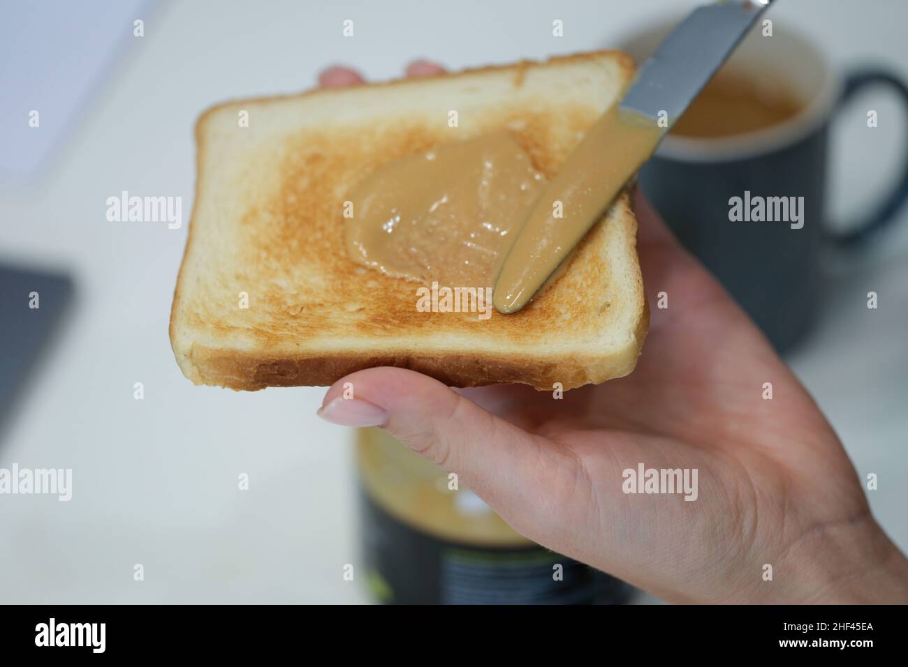 Hand smears peanut butter on crispy toast, closeup Stock Photo Alamy