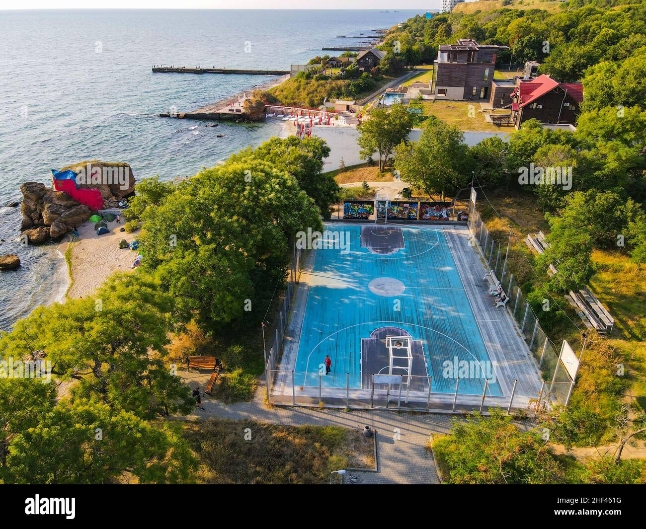 Basketball court in a park in Odessa Ukraine on the Black Sea beach ...