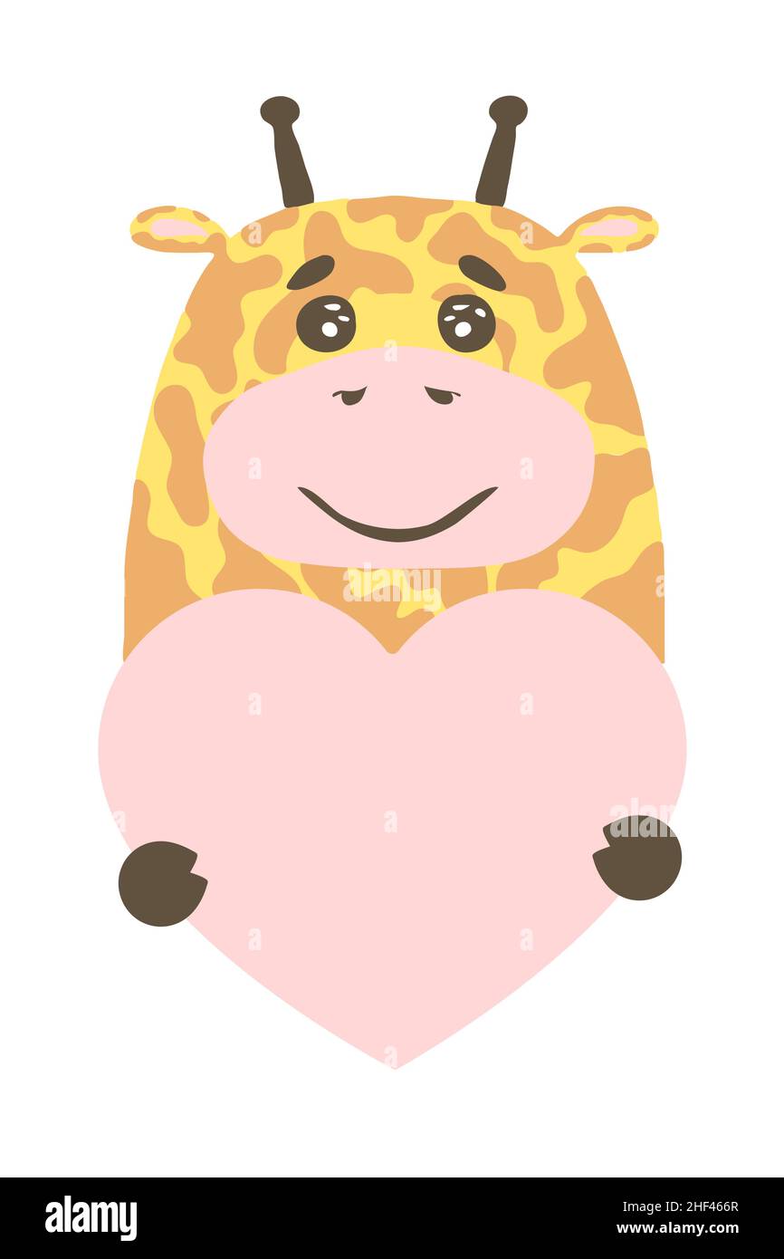 Cute cartoon giraffe camelopard animal holds a heart sign with copy space. set valentine's day greeting card banner invitation flyer brochure. cartoon Stock Vector
