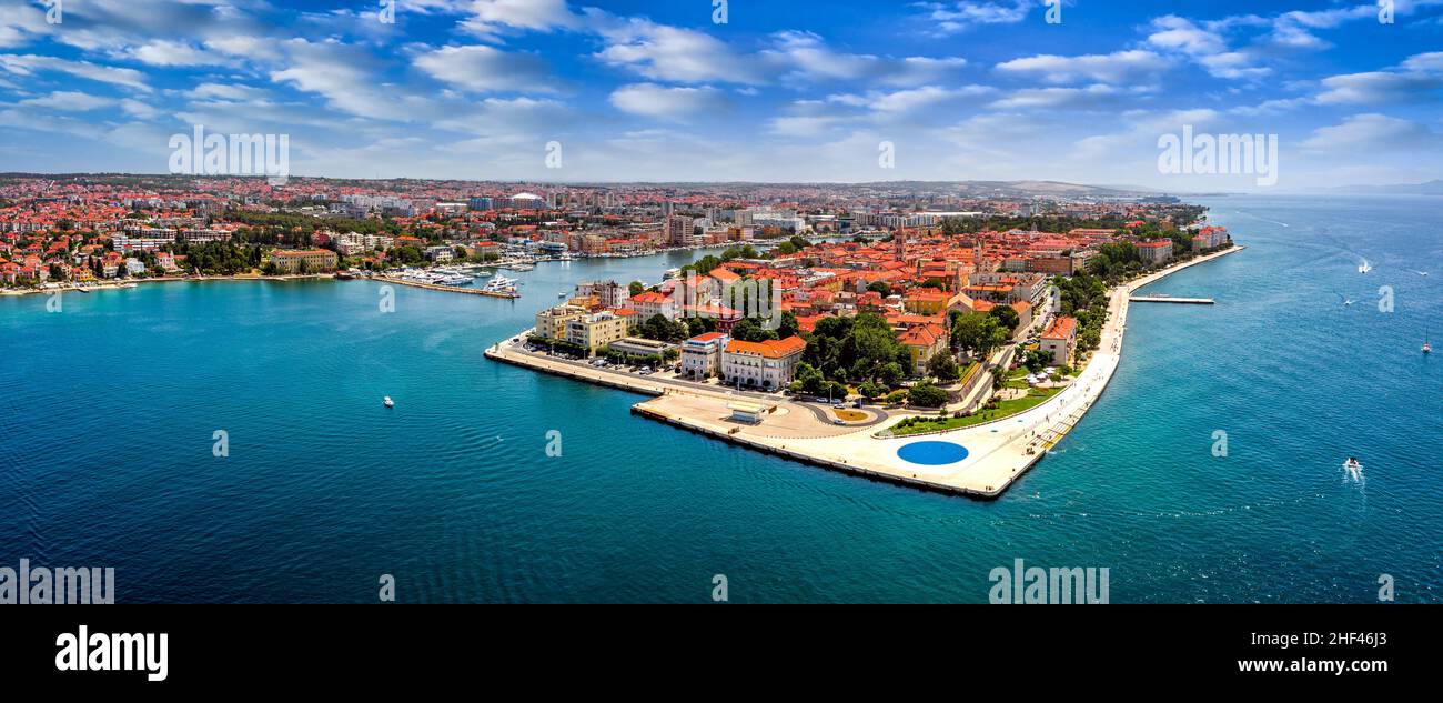 Zadar, Croatia - Aerial panoramic view of the old town of Zadar by the Adriatic sea with sea organ, yacht harbor and blue sky on a bright summer day Stock Photo