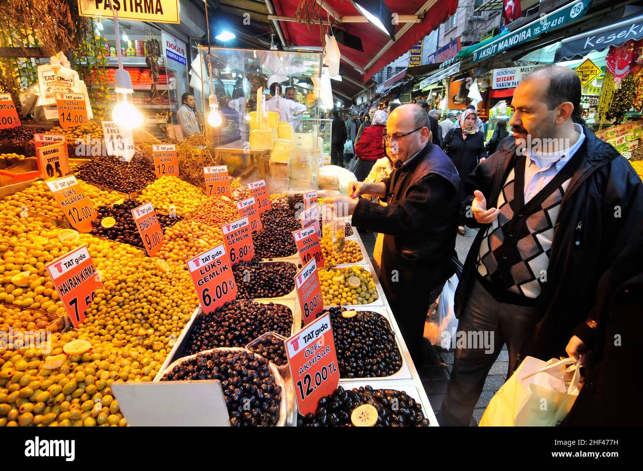 Turkish olive shops at the Egyptian bazaar in Istanbul, Turkey Stock