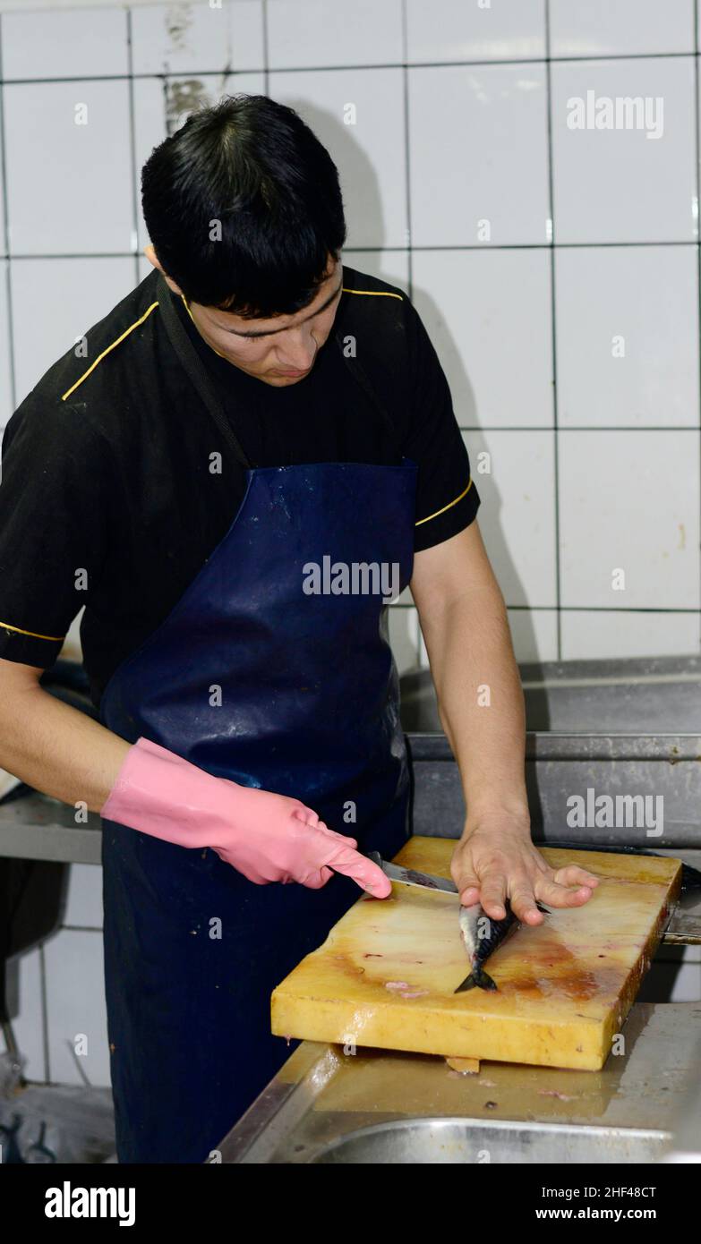 A young Turkish cook slicing Mackerel fish filets for the popular fish
