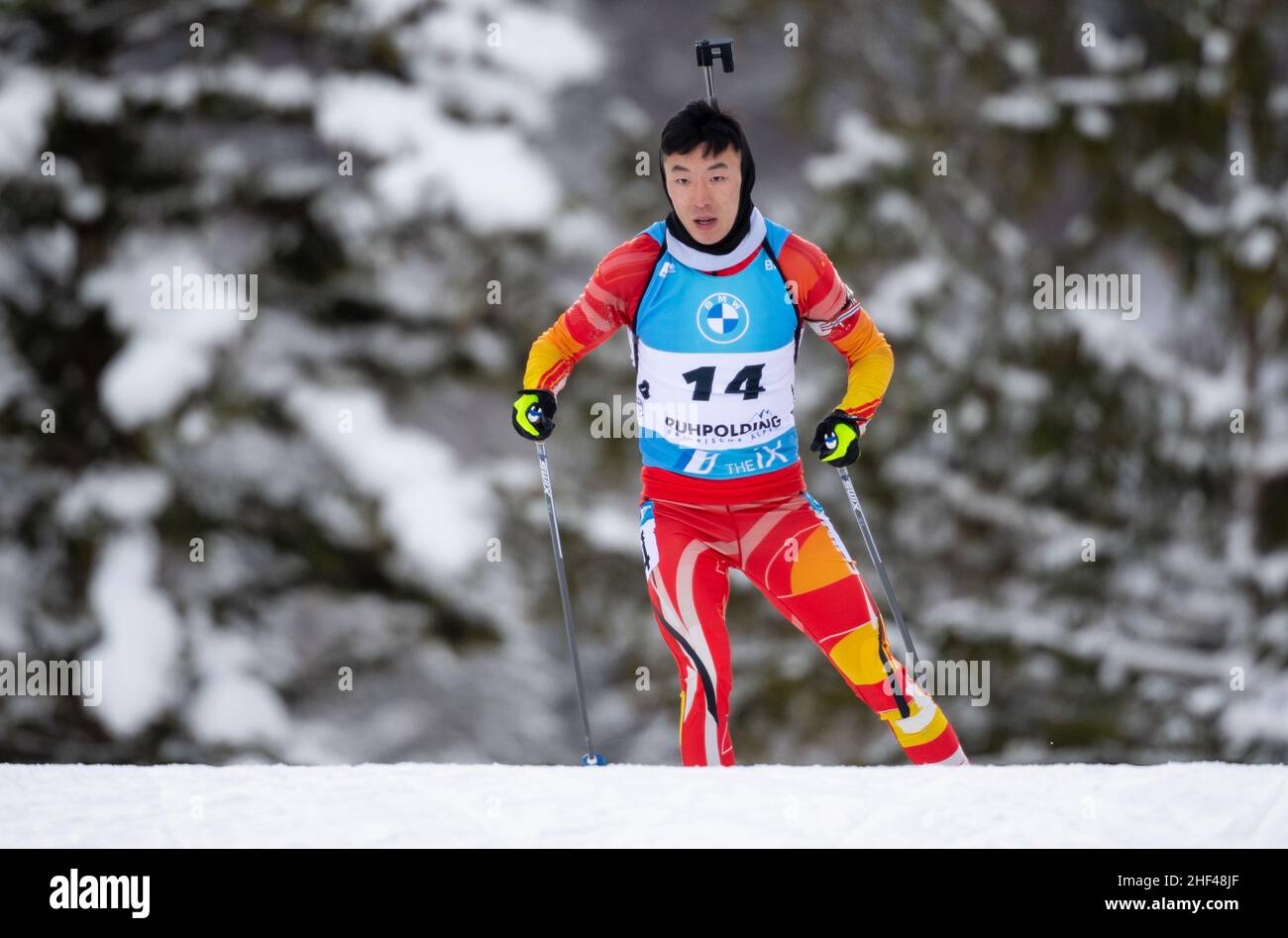 Ruhpolding, Germany. 13th Jan, 2022. Biathlon: World Cup, Sprint 10 km in Chiemgau Arena, men. Fangming Cheng from China in action. Credit: Sven Hoppe/dpa/Alamy Live News Stock Photo