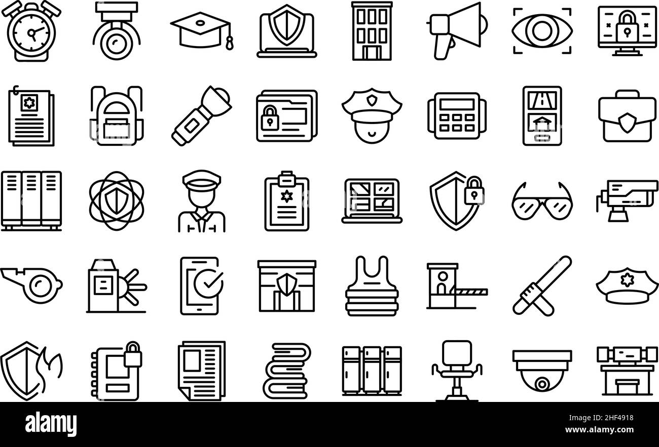 School security guard icons set outline vector. School cctv. Education yard Stock Vector