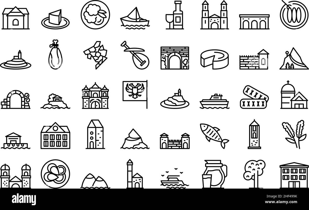 Montenegro icons set outline vector. Country area. Atlas building Stock Vector