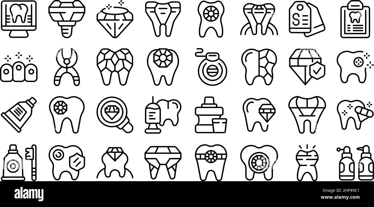 Tooth gems icons set outline vector. Dental care. Medicine dent Stock Vector