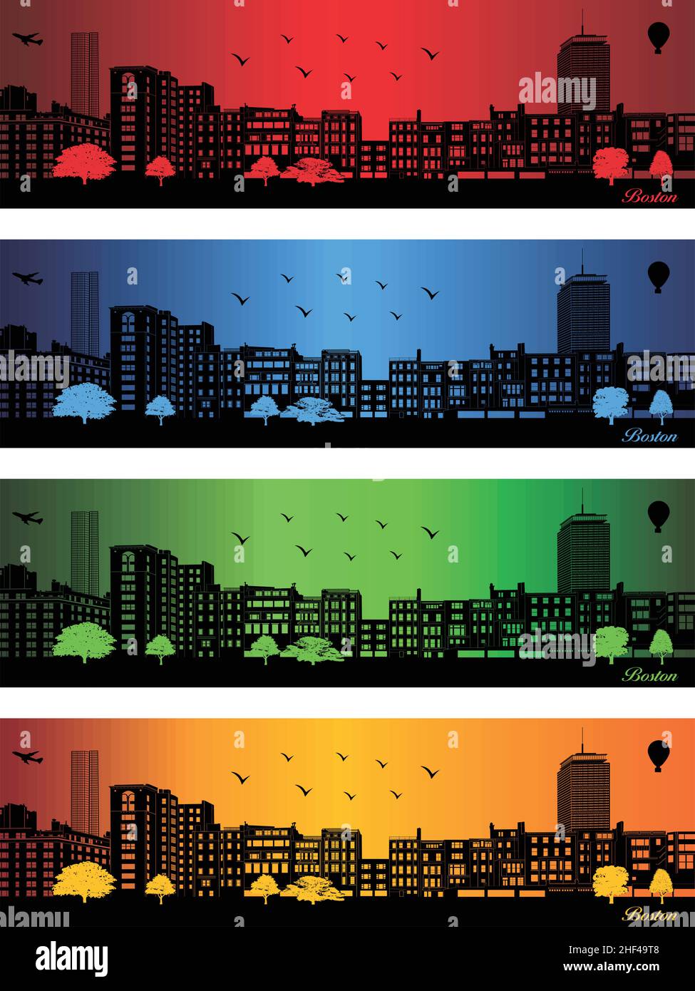 Boston city in a four different colors illustration, Town in orange