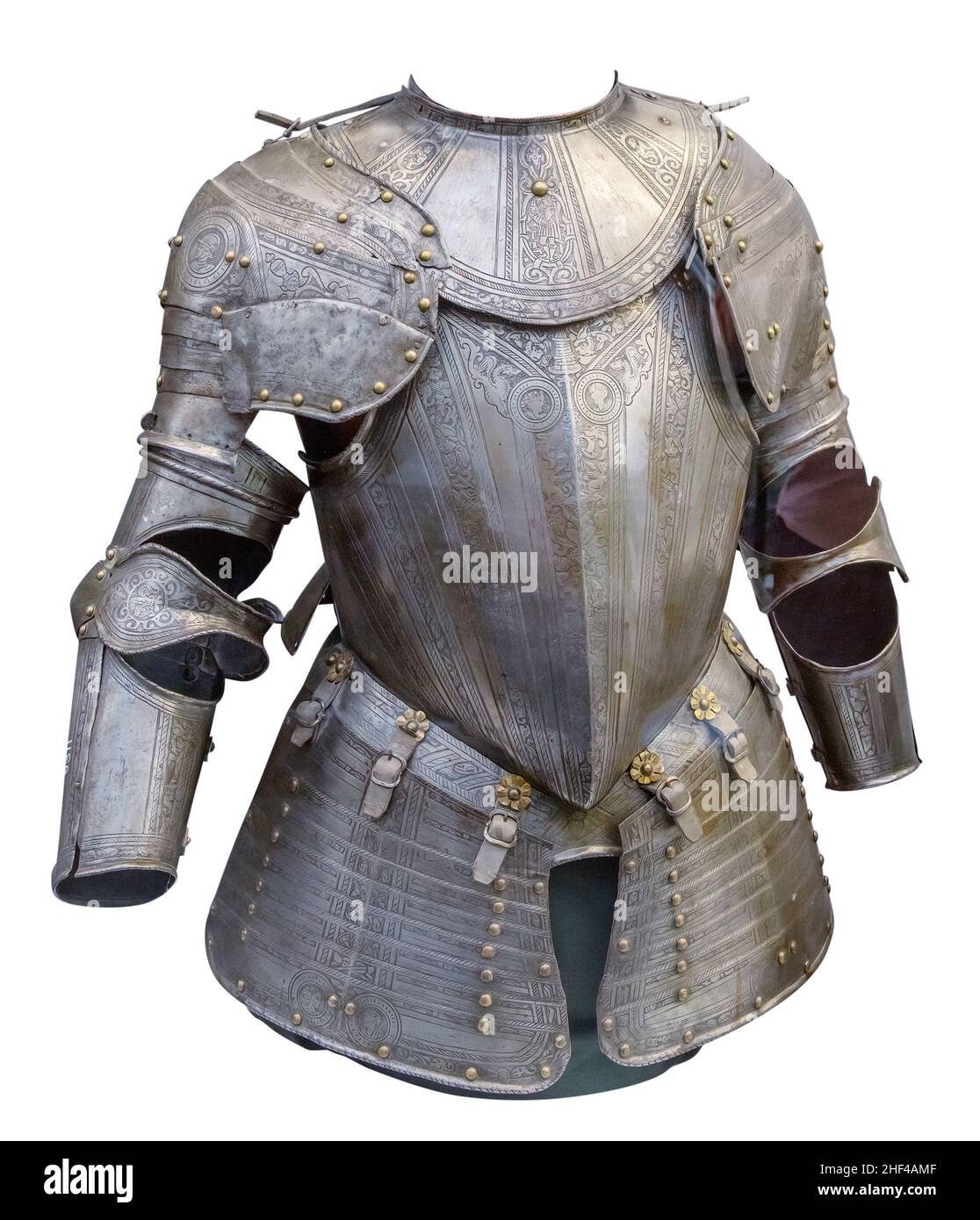 Medieval knight suit of armor protection isolated on white background with clipping path. Ancient steel metal armour Stock Photo